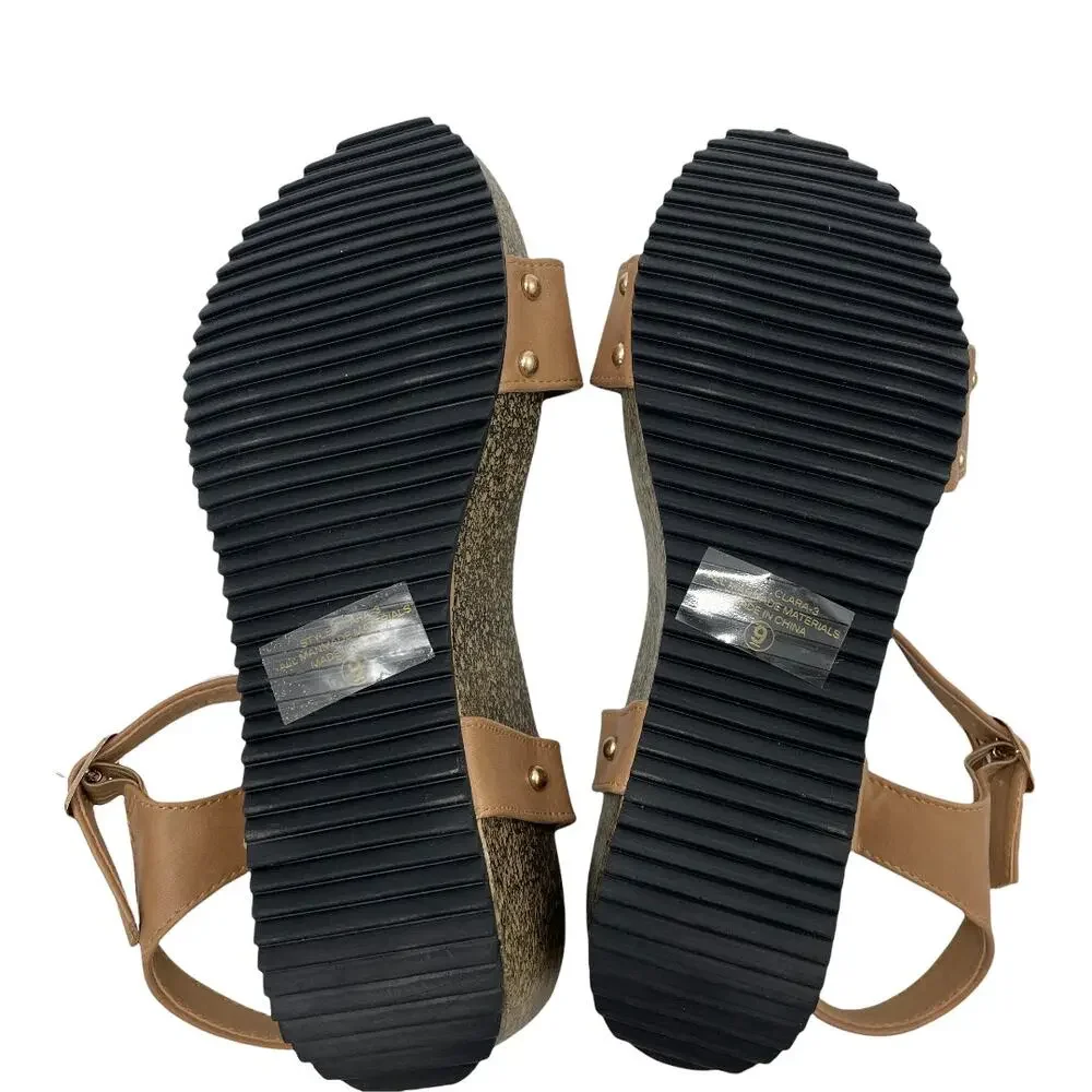 WEEBOO Cork Wedge Strappy Sandal Size 9 Women Faux Leather Open Toe Summer